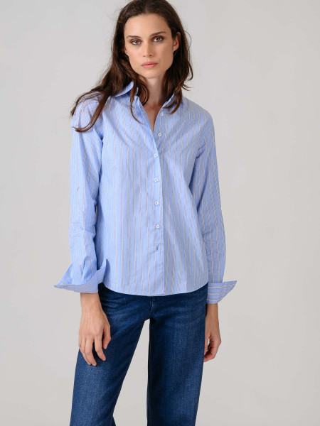Camisa Lyon Azul Multirayas Blanca