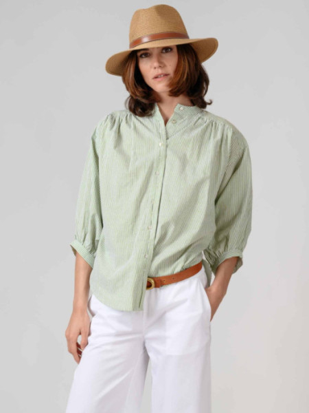 Blusa Rayas Verde Cuello Mao Algodón