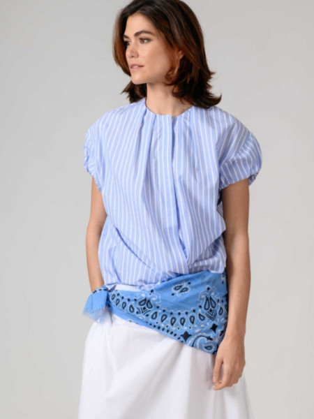 Blusa Manga Corta Rayas Azul Algodón