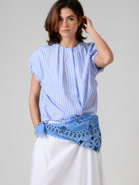 Blusa Manga Corta Rayas Azul Algodón