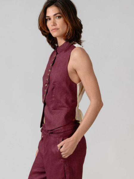 Chaleco Lino Cuello Mao Berenjena