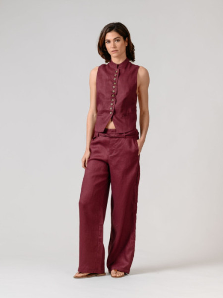 Pantalón Lino Tiro Alto Berenjena