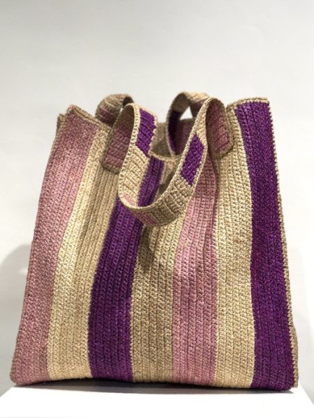 Bolso Rafia Grande Rayas Rosa y Morado